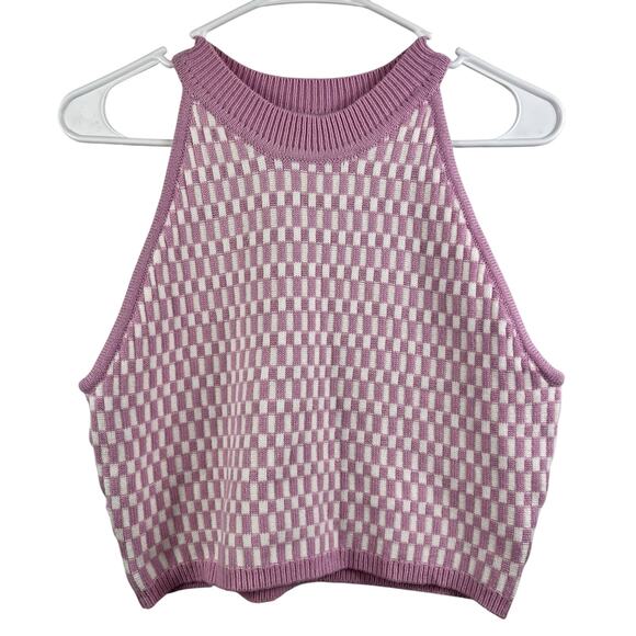 Buttermelon Sweater Knit Cropped Tank Top Large Sleeveless Plaid Preppy Summer - Picture 1 of 12
